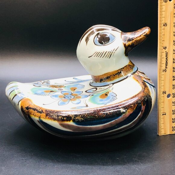 Vintage Ken Edwards Tonala Pottery DUCK, Folk Art Blue Bird Butterfly Florals - Picture 12 of 13